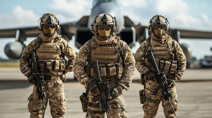 Fototapeta premium Security forces in combat ready stance at air base during war operations high-resolution image military environment