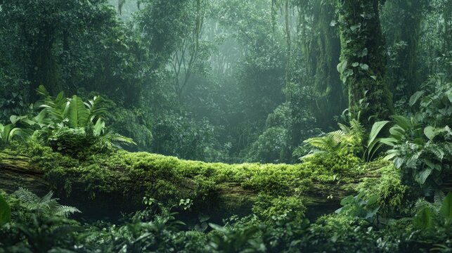 Lush green forest with moss-covered logs and dense vegetation under soft light - Powered by Adobe