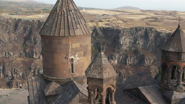 Drone shot of the Armenian monastic complex of Saghmosavank in Saghmosavan, Aragatsotn, Armenia