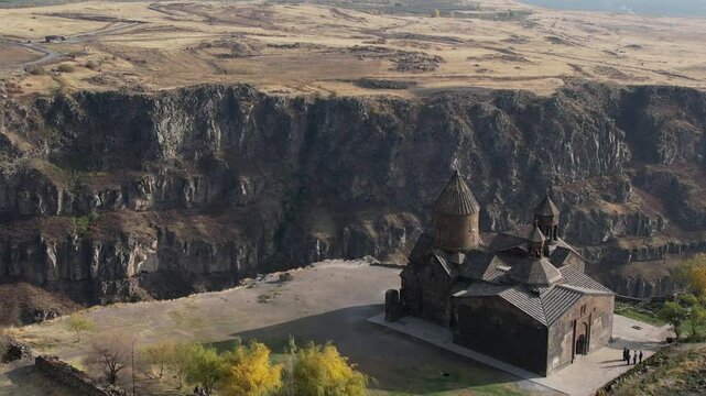 Aerial view of the Saghmosavank monastery in Saghmosavan village in Aragatsotn Province, Armenia