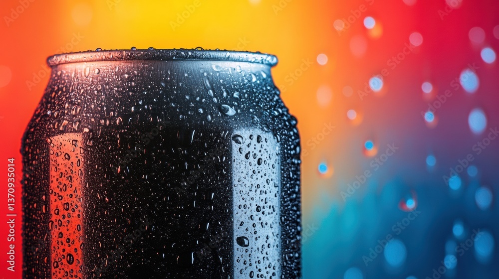 Poster classic soda can glistening with condensation set against a vibrant colorful background with reflect