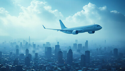A commercial airplane gracefully ascends above a vast, misty cityscape, its wings slicing through the clouds as it embarks on a journey.