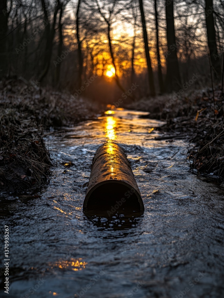 Aufkleber serene sunset over a tranquil stream with a rustic pipe in a dark forest creating a peaceful and sce