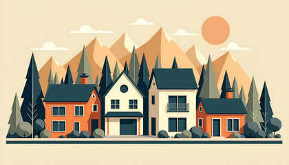 Naklejka premium Charming houses nestled among mountains under a warm sun in a serene countryside landscape 