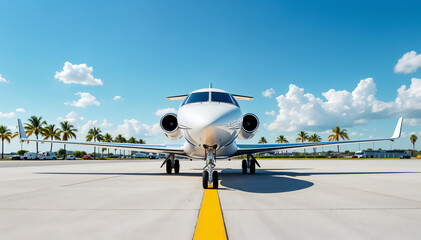 A private jet, sleek and pristine, sits poised on the tarmac, ready for takeoff. Palm trees line the runway, hinting at a luxurious destination. The clear blue sky above is dotted with fluffy clouds.