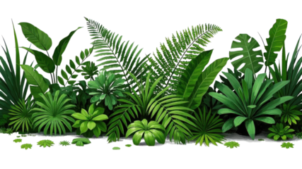 Lush green tropical foliage featuring various plants like ferns and broad leaves on a black background