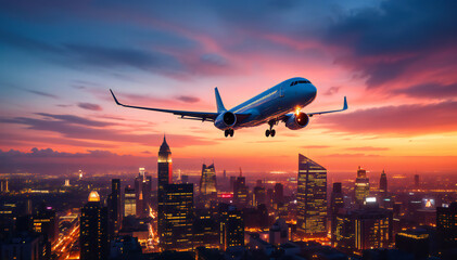 Airplane landing over cityscape at sunset.