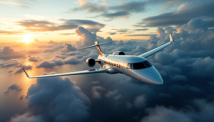 A private jet soars through a breathtaking sunset sky, capturing the essence of luxury travel and unbridled freedom.