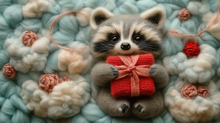 Handcrafted felt art, a wool-knitted unicorn, tiger, raccoon, koala, dog and giraffe, visible wool fibers and stitched lines add charm on pastel tones