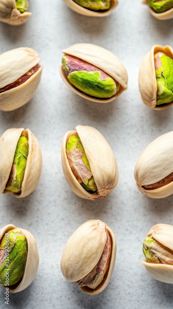 Poster pistachio nuts close up on a gray surface showing the green nut and beige shells in a flat lay arran