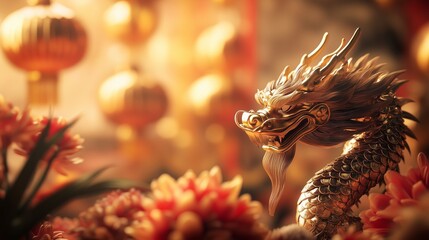 Golden dragon with red flowers background. Chinese dragon is symbol of the new year in the year 2024. A red and gold lantern with a flower and a red zodiac. Golden dragon set against a lifestyle.