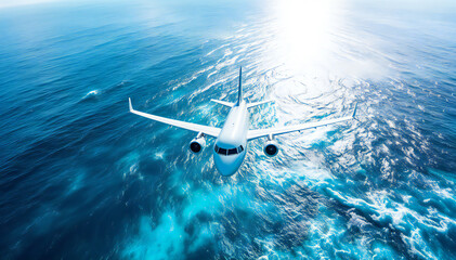 Fototapeta premium A white airplane glides majestically above a deep blue ocean, bathed in the warm glow of the sun, evoking a sense of freedom, exploration, and limitless possibilities.