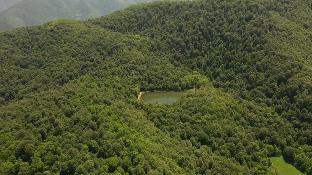 Aerial view of the Lake Gosh near Gosh village in Dilijan city, Tavush, Armenia on a sunny day