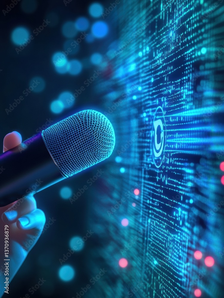 Aufkleber person uses voice assistant to purchase online with futuristic holographic interface and modern smar