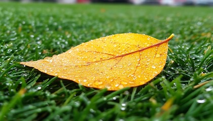 A single yellow leaf rests on green grass with droplets of water
