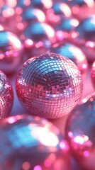 Captivating close up of vibrant disco balls reflecting pink and blue light creating a nostalgic and festive atmosphere for celebration