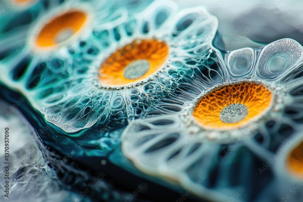 Poster abstract macro shot showcasing cellular structures or biological forms in blue, white, and orange hu