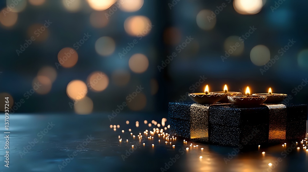 Aufkleber glowing candles on dark stone surface with blurred bokeh lights background create cozy atmospheric m
