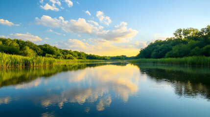 Obraz premium Serene Lakeside Panorama At Sunset