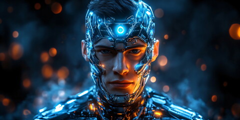 Futuristic man in glowing cyberpunk helmet, robotic armor for science fiction, gaming and technology concept, digital artwork for poster, banner and virtual world