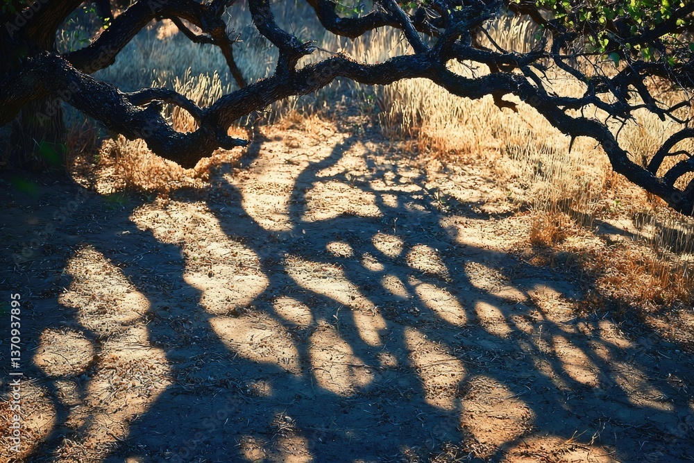 Poster a tree's branches cast intricate shadows on the ground, creating a dappled pattern across the dry, g