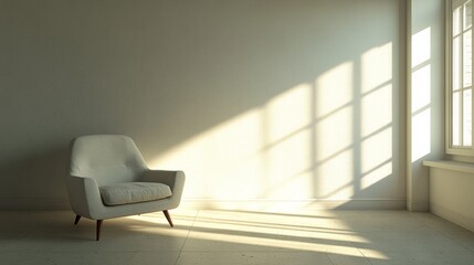 A serene, empty corner in a minimalistic house with a low-profile armchair, white walls, and a gentle, warm glow from the light 