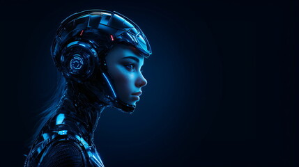 Cyberpunk woman android with futuristic helmet for innovative technology solution, artificial intelligence security and sci-fi virtual reality world design concepts