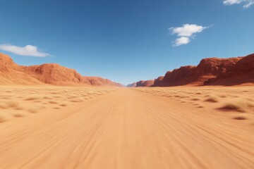 Fototapeta premium Vast desert landscape with a clear path. Sun-drenched, arid terrain stretches to the horizon. Mountains flank the road