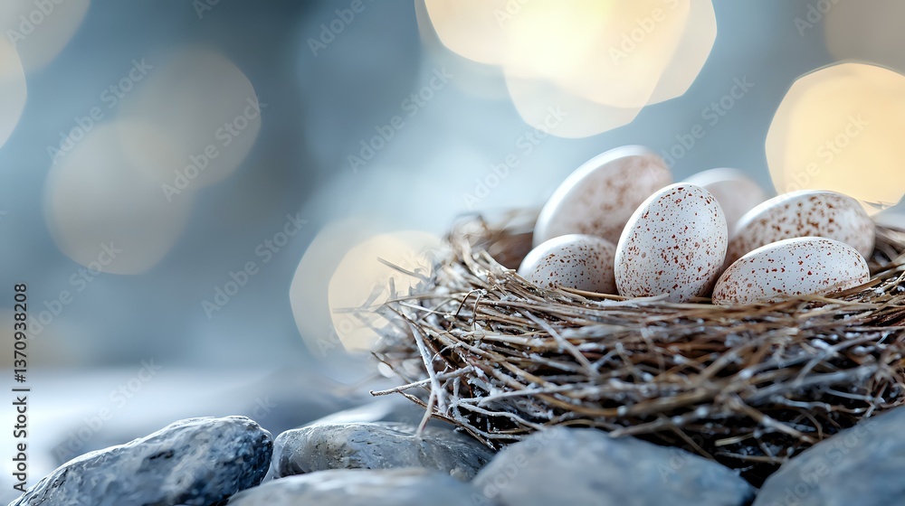 Poster speckled eggs nestled in natural twigs nest with soft bokeh lights in background creating dreamy spr