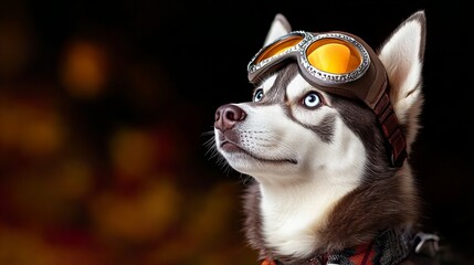 Husky dog is looking upward while wearing aviator goggles in front of a dark background with blurred warm tones.