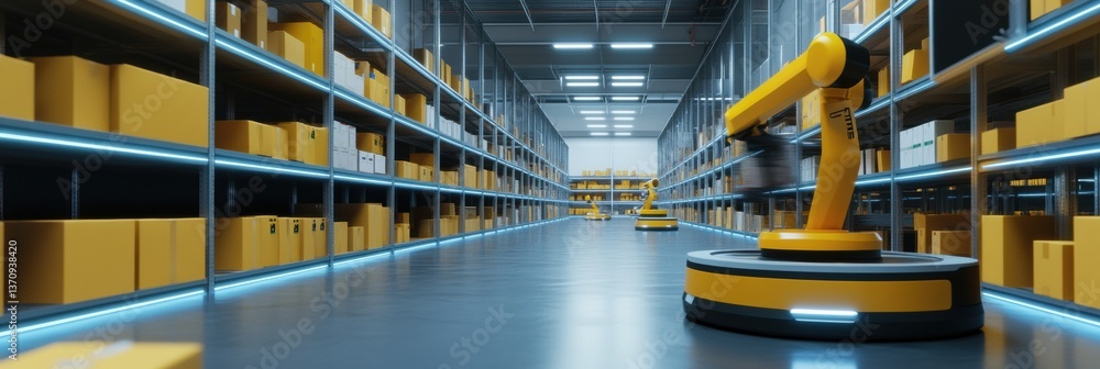 Poster futuristic e-commerce warehouse showcasing robotic arms efficiently sorting packages in a high-tech 