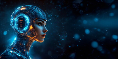 Woman with futuristic helmet and neon circuit design. Cyberpunk portrait for future technology illustration, artificial intelligence, network communication concept, technology