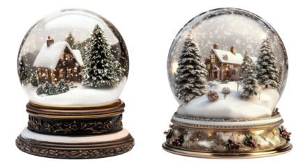 Beautiful Snow Globe Scenes Featuring Cozy Winter Cabins and Trees, PNG bundle collection, Isolated on Transparent Background
