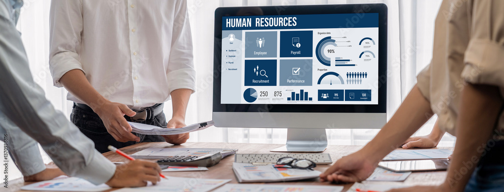 Poster human resources management software on computer screen helping human resources employee to manage re
