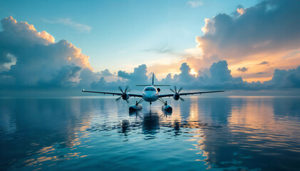 Seaplane landing on calm water at sunset. Dramatic cloudscape.