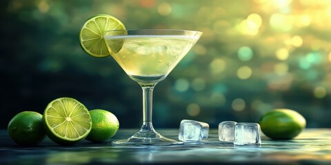 Refreshing cocktail with lime garnish and ice cubes on a bar counter in a vibrant setting during evening hours