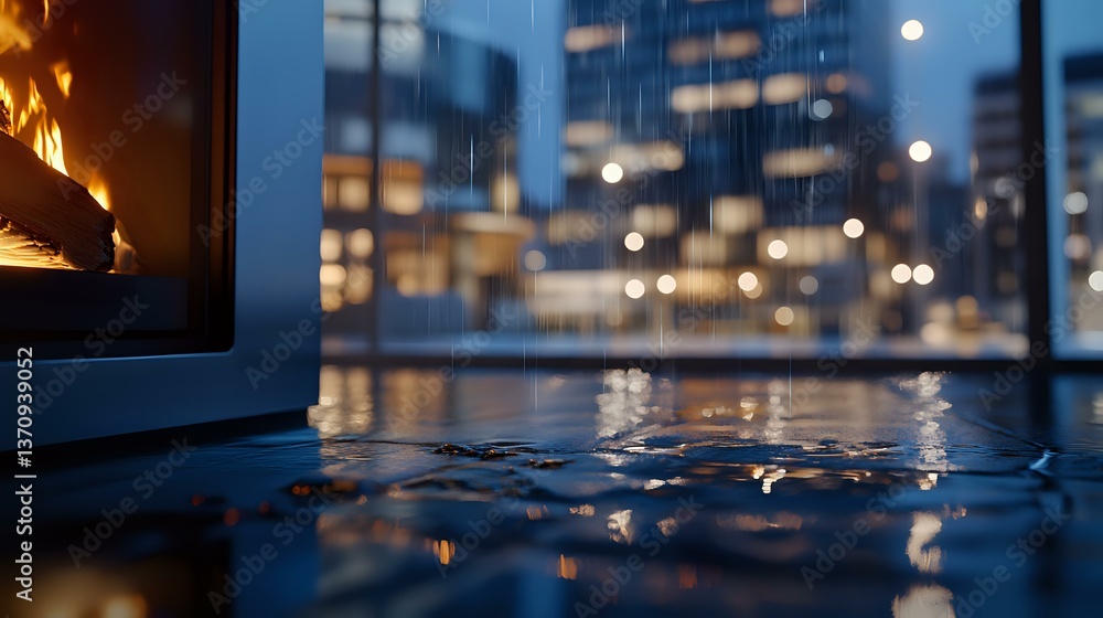 Poster raindrops on dark reflective surface with blurred city lights and modern buildings in background cre