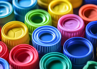 Colorful plastic bottle caps in various colors.