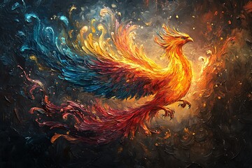 A phoenix rising from ashes, with vibrant feathers symbolizing renewal and the power of rebirth