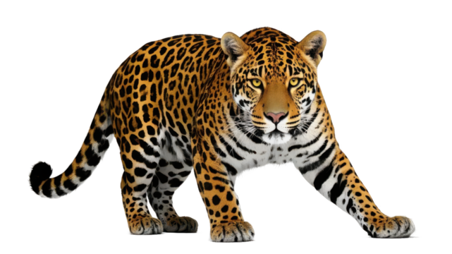 A jaguar with a distinctive spotted coat is seen in a crouching position against black background