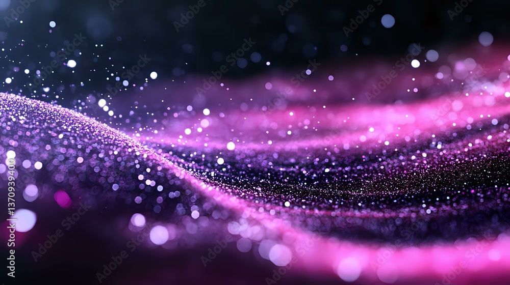 Poster magical pink and purple glowing particles flow in waves against dark background creating dreamy cosm