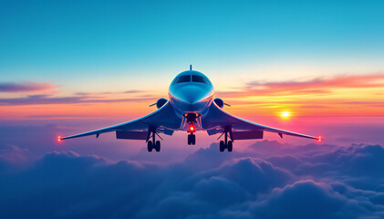 A supersonic jet streaks through the sky, a majestic symbol of modern aviation, against a breathtaking backdrop of a fiery sunset. The aircraft's sleek design and powerful silhouette exude speed.