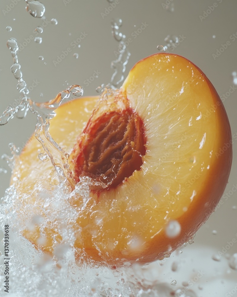 Poster fresh peach half in water splash creating a refreshing and vibrant still life with a clean backgroun