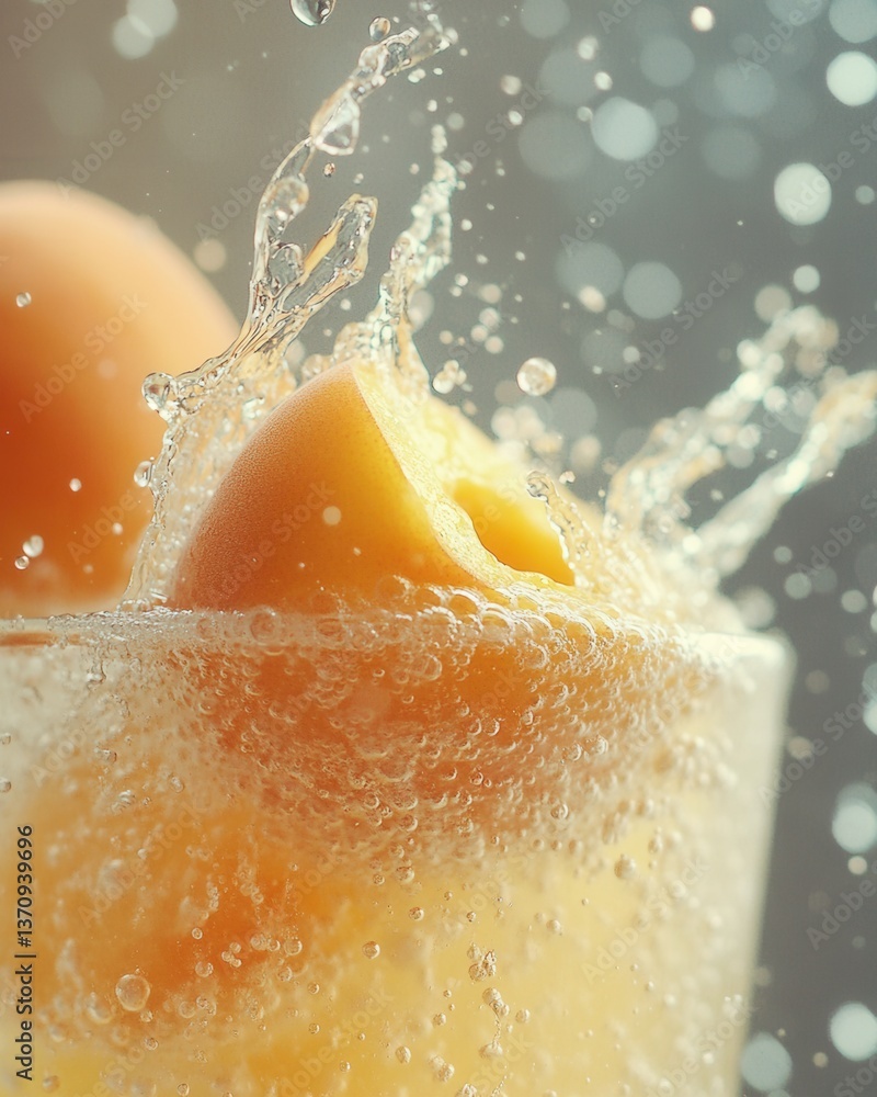 Poster apricot slice plunging into glass of sparkling water creating dynamic splash and bubbles in studio s