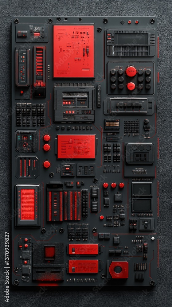 Poster a complex array of black electronic components with striking red accents on a grey surface