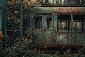 An abandoned, rusted train car overtaken by nature, featuring vines, broken windows, and decaying metal with textured surface.