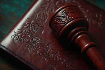 A wooden gavel rests on an ornately patterned leather-bound book, suggesting law, order, and legal proceedings.