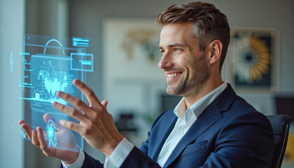 A portrait headshot photo of a friendly professional CEO executive business worker: A smiling businessman in a suit interacts with a futuristic holographic display showing data visualizations, su