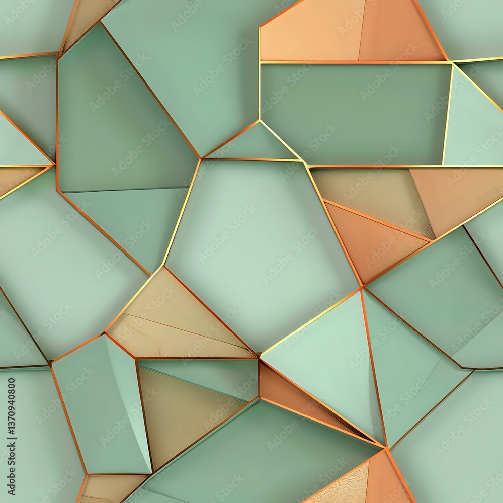 Poster abstract geometric background with mint green and copper polygonal shapes creating dimensional surfa