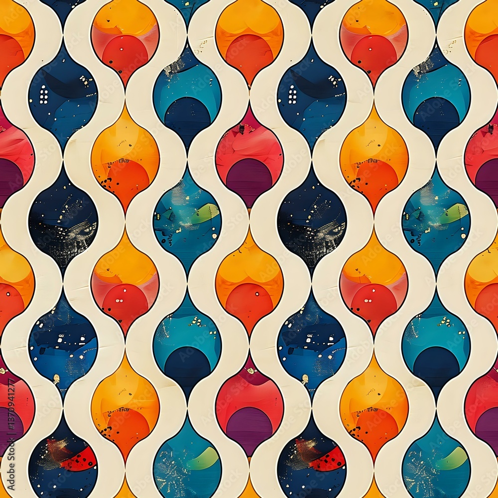 Poster retro geometric ogee pattern in vibrant orange, blue and red tones with cosmic space elements create